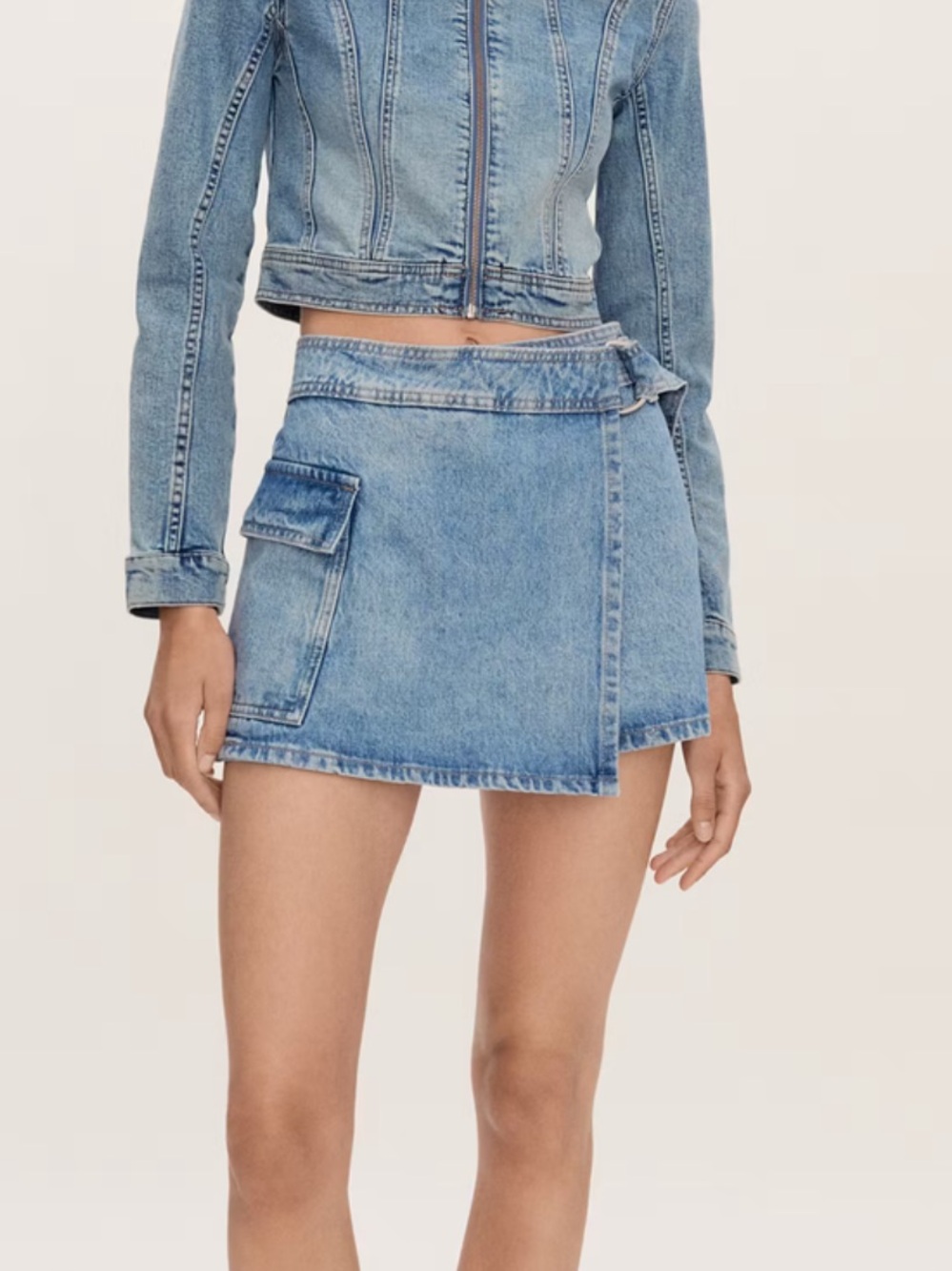 Mango Light Blue Denim Wrap Mini Skirt
